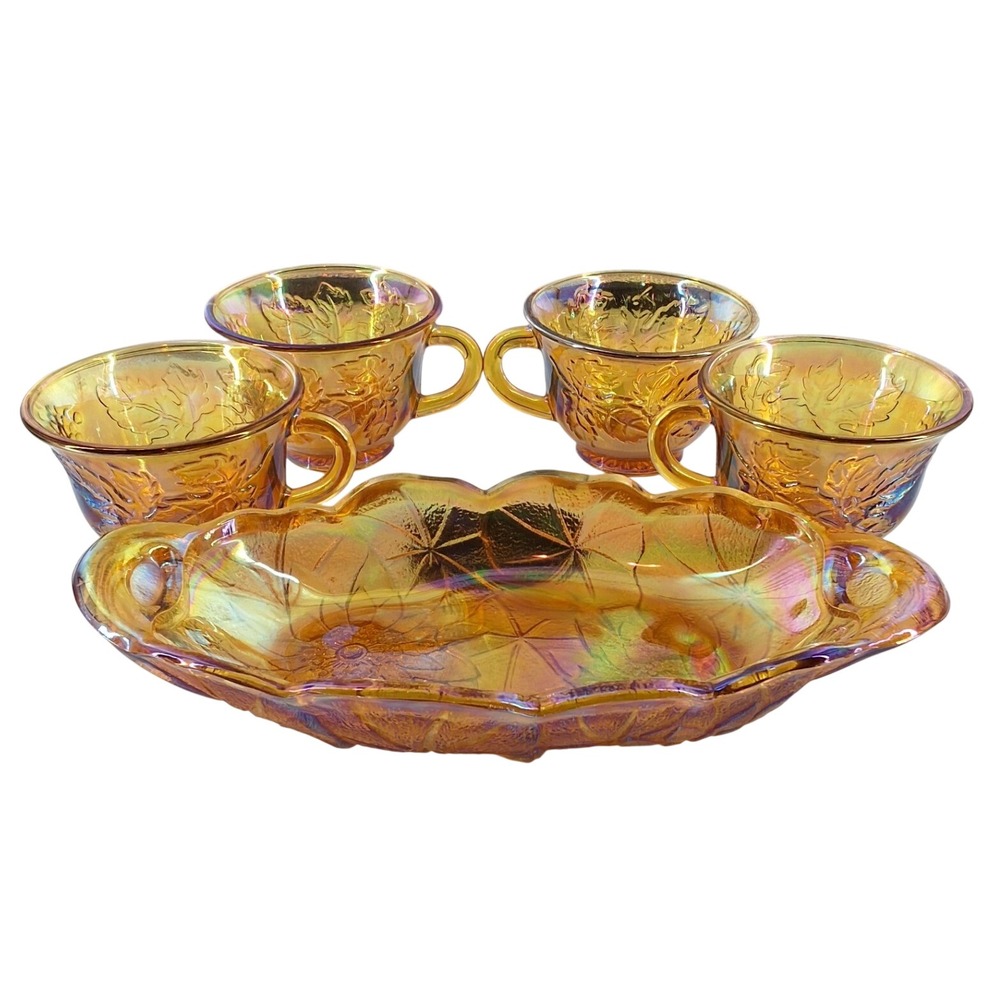 Vtg Indiana Glass‎ Marigold Carnival Glass Harvest Grape Oval Bowl & 4 Cups Set
